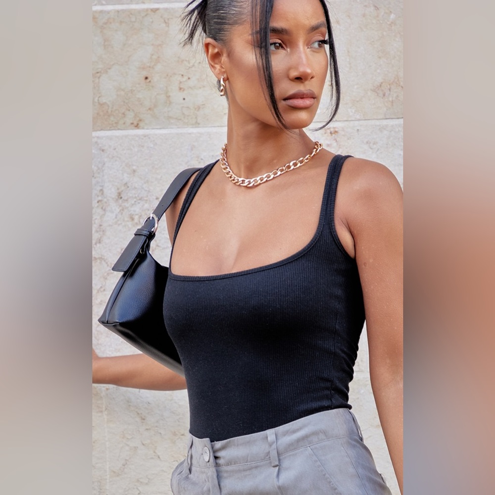 Black ribbed scoop neck bodysuit